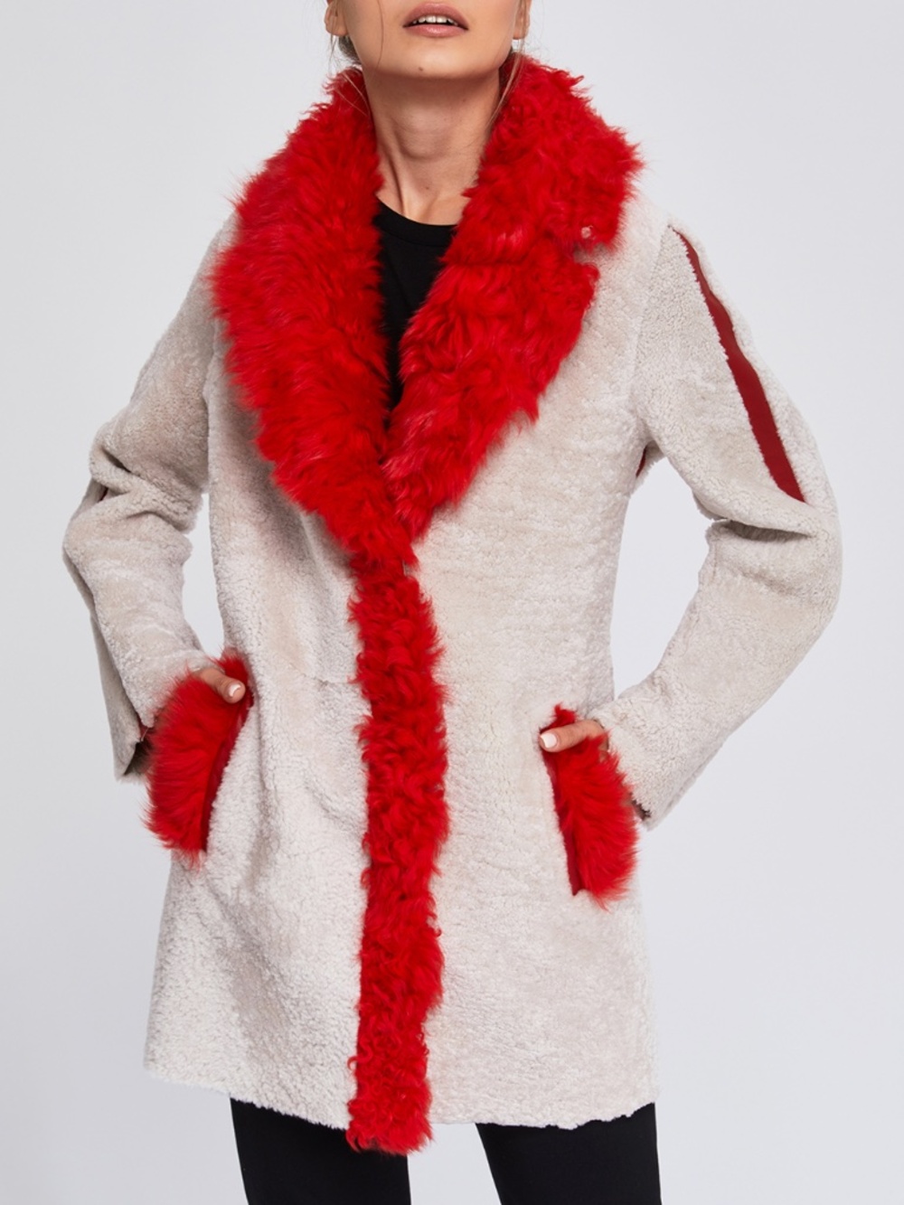 Suvi NYC Turkish Shearling Winter Coat: Leather Stripe Lambskin Finishes